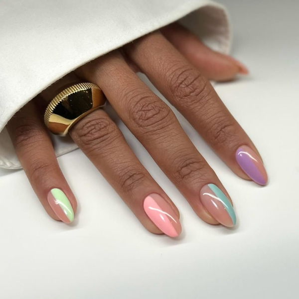 Pink green purple pastel color block nails