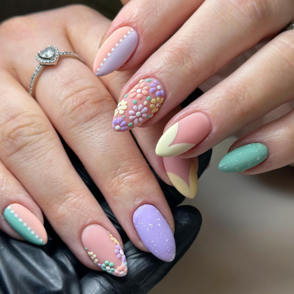 3D easter nails with pastel flowers and bunny ears